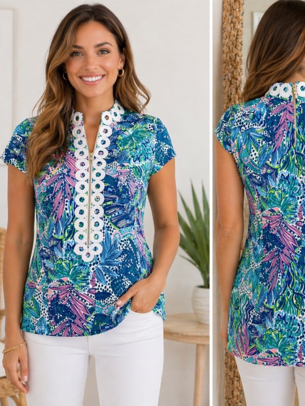Lilly Pulitzer Size 00 Printed Tunic Top Zip Front & Back With Lining